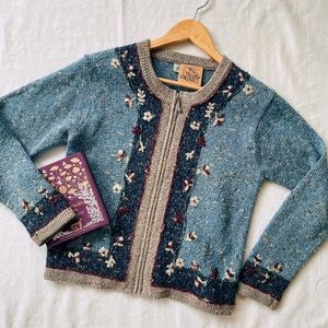 vintage cottagecore embroidered floral zip sweater